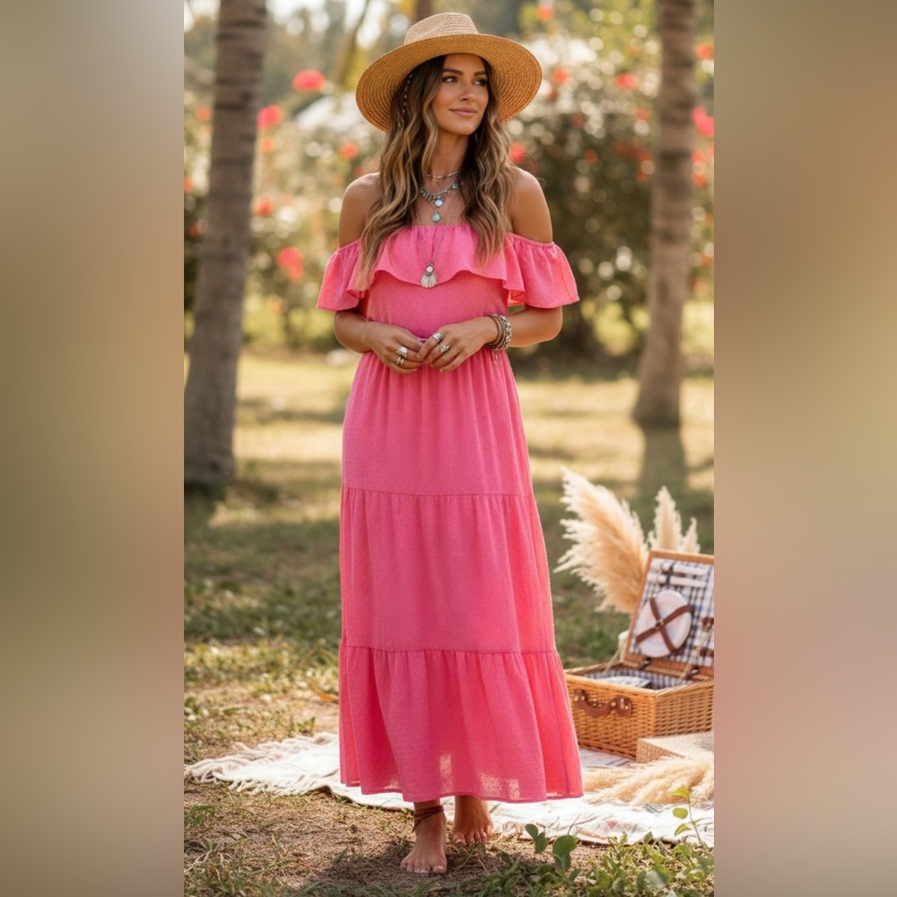 Off the Shoulder Tiered Pink Maxi Dress